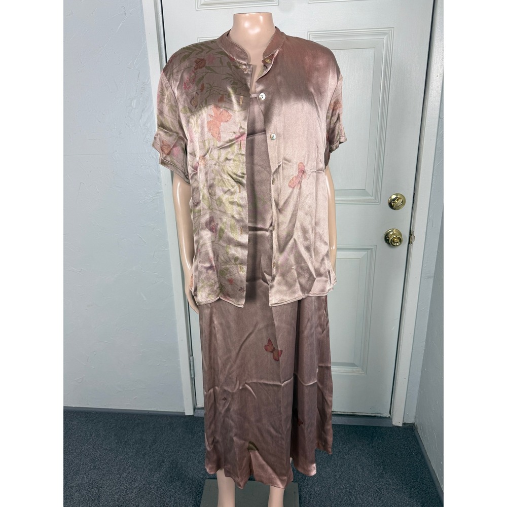 Citron Santa Monica Women's Dress L Rayon Satin Butterfly Print 2 piece Set AA18